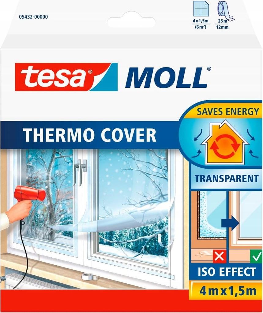 TESA Transparente Wärmedämmfolie für Fensterglas 4m x 1,5m Isolierung