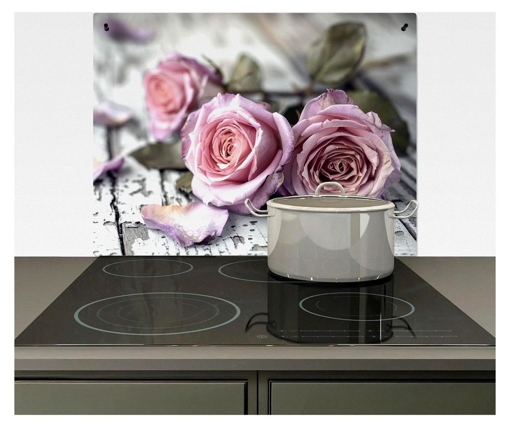 Spritzschutz für die Küche - Küchenrückwand aus Vinyl 77x59 cm - Herdabdeckung für Induktionskochfeld - Rosen - Vintage - Rosa - Holz