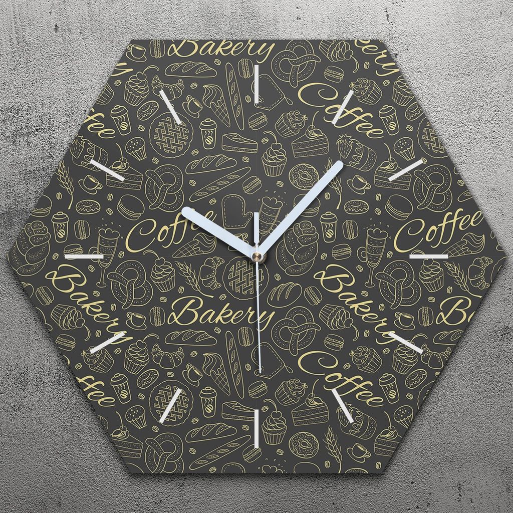 Uhr hexagonal 40 cm Glas Geräuschlos weiße Zeiger - Bäckerei Brot Cafe