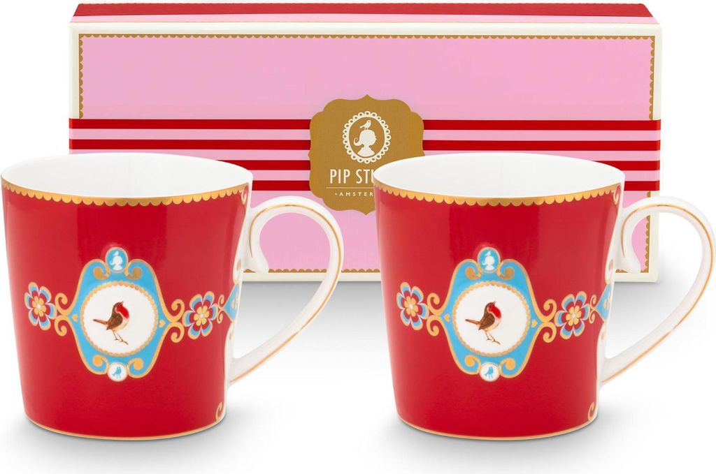 PIP STUDIO Love Birds Medallion Red Henkelbecher Large 0,25l Set2