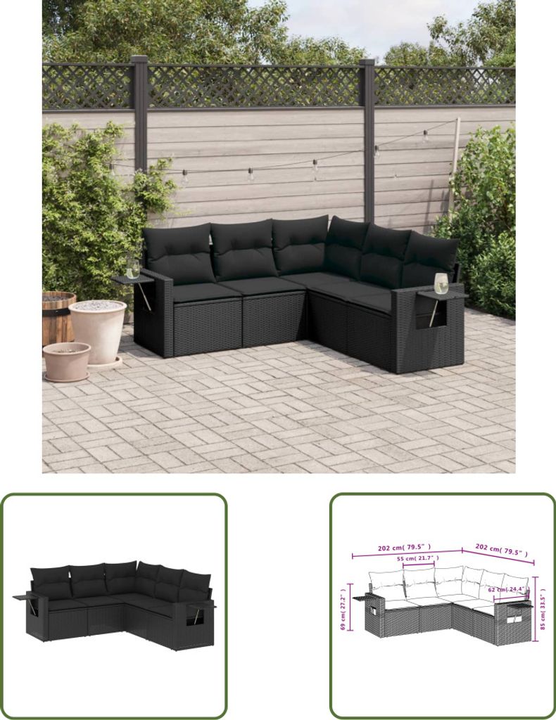 The Living Store 5-tlg. Garten-Sofagarnitur mit Kissen Schwarz Poly Rattan