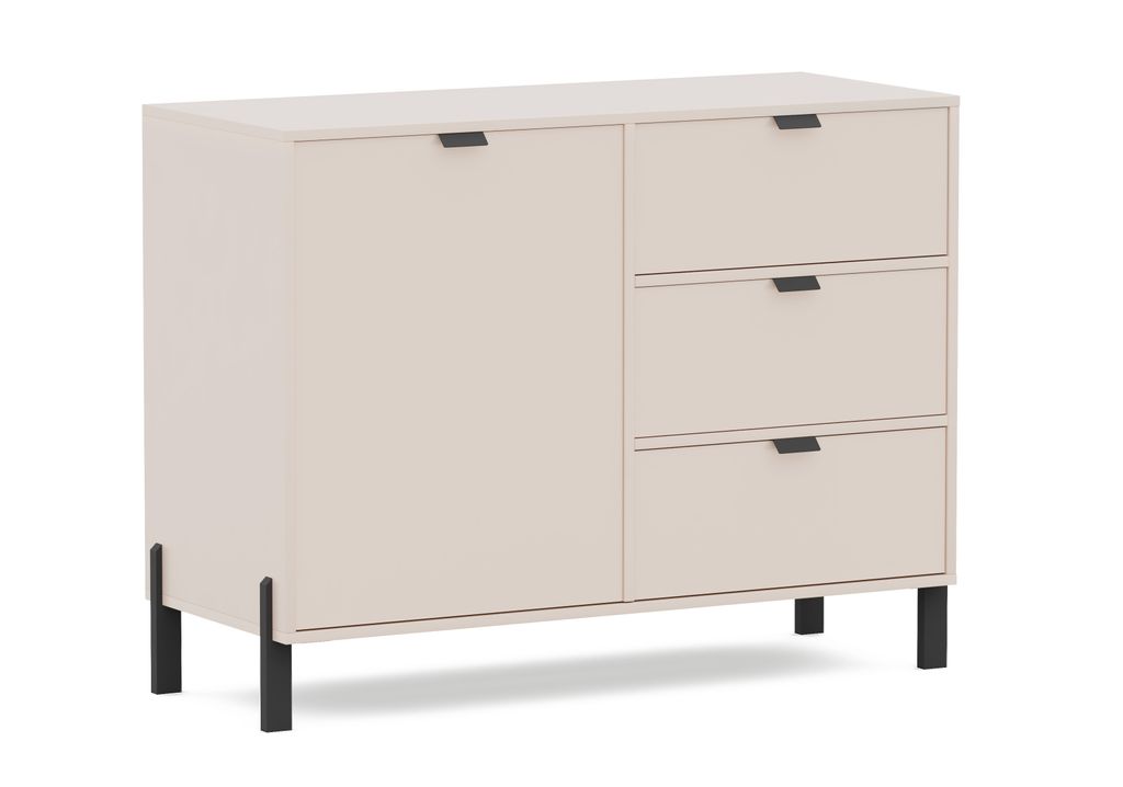 Albello Kommode CREAMY Beige 109x45x85 cm – moderne Kommode mit 3 Schubladen & Tür, schwarze Beine & Griffe, für Wohnzimmer & Schlafzimmer