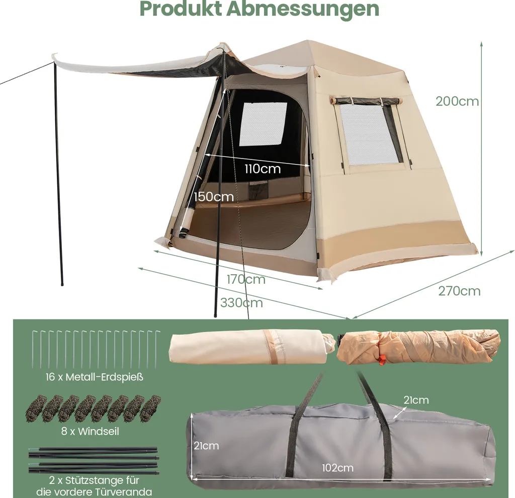 Tente Tunnel Imperméable 2500mm avec Tapis de Sol Cousu et Grand Auvent