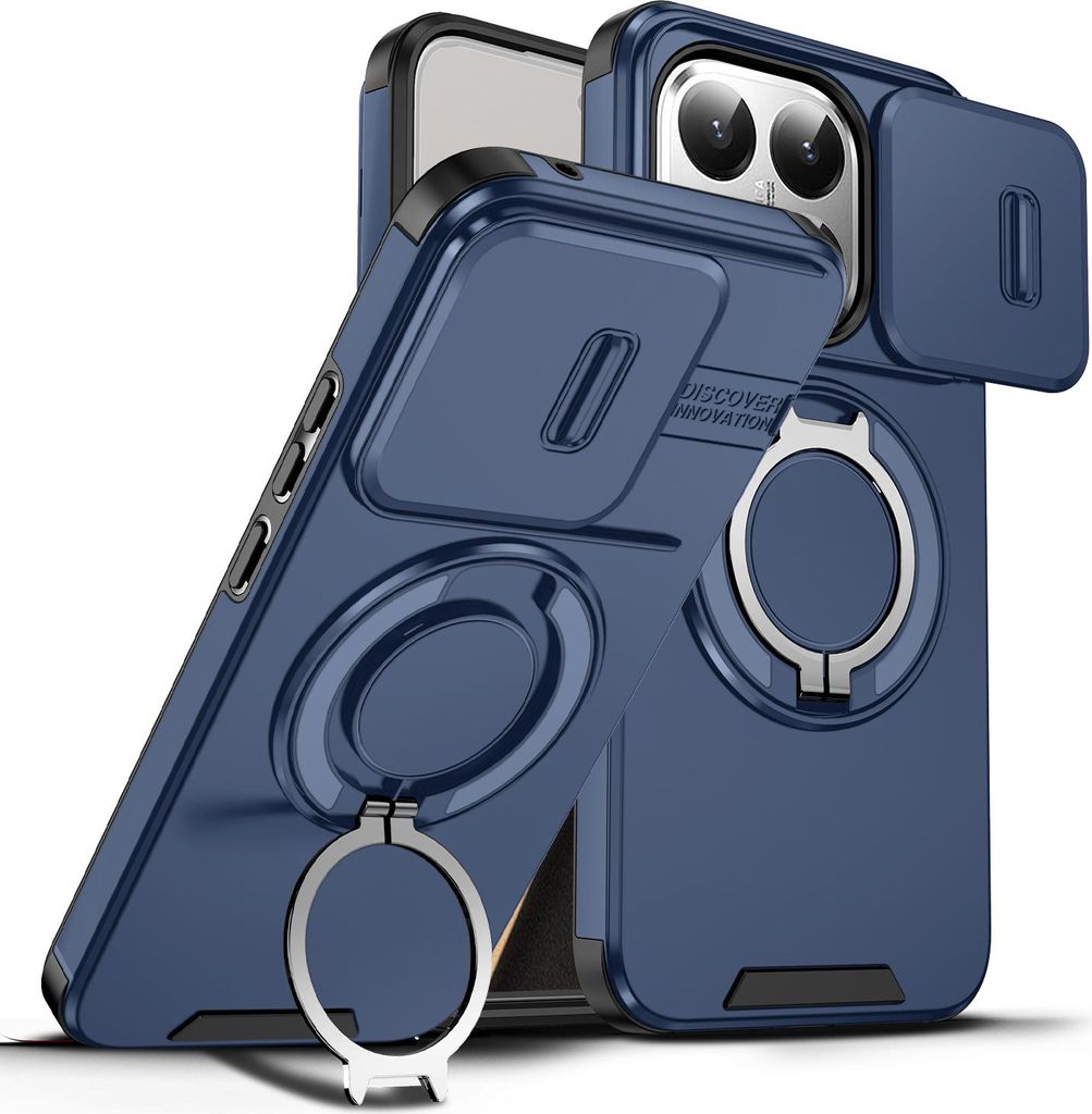Two blue phone cases with a silver ring stand are shown against a white background.