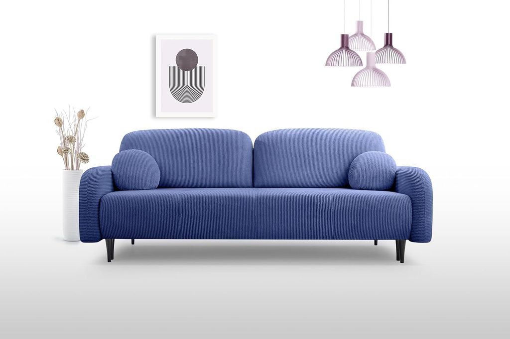 KEF Sofa Cleo 230x95x102 cm – Ausziehbar mit Schlaffunktion – Sofa mit Federkern – Auf Holzfüßen – Mit Kissen im Set – Elma 14 Dunkelbl...