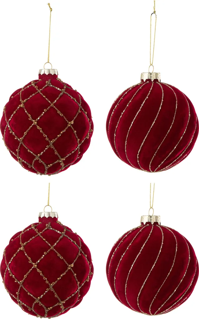 J-Line Boîte de 4 Boules de Noël 8cm Velours Rouge et Or Motifs Lignes