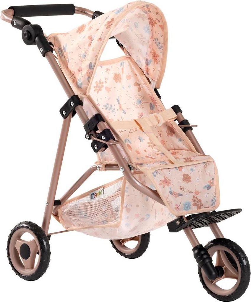 A doll stroller with a floral pattern.
