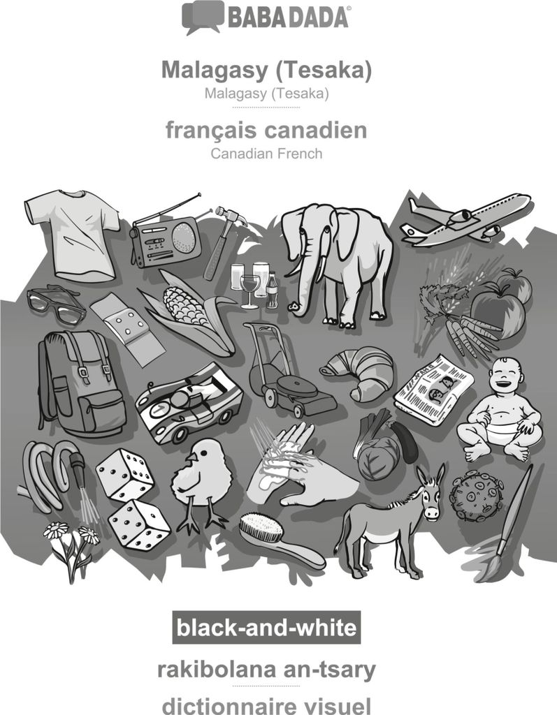 BABADADA black-and-white, Malagasy (Tesaka) - français canadien, rakibolana an-tsary - dictionnaire visuel