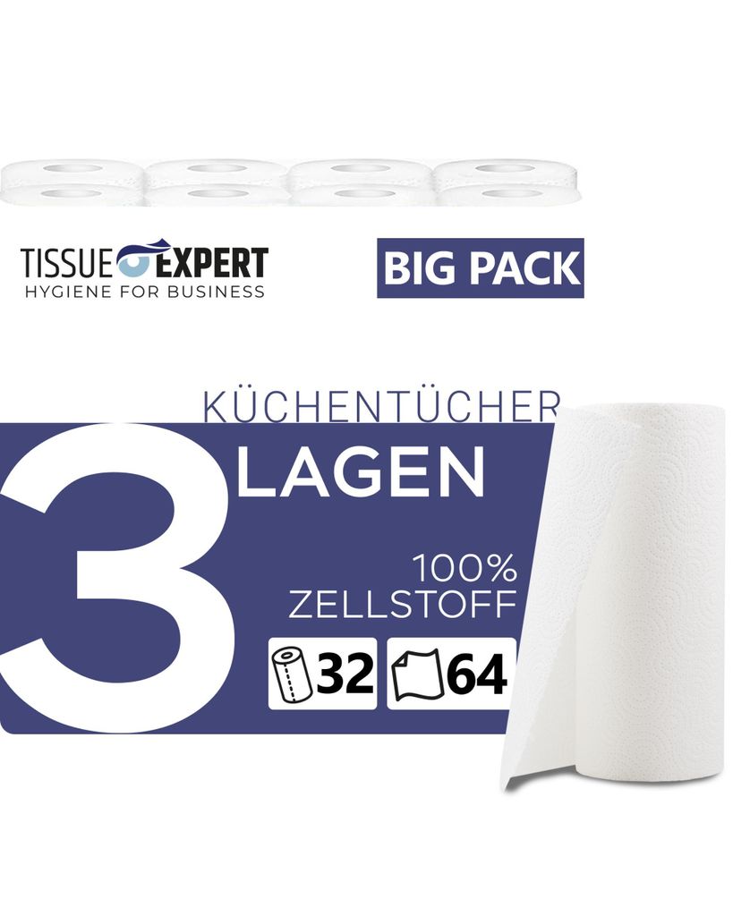 Küchentücher, 32 Rollen á 64 Blatt, 3-lagige Küchenrollen, 100% Zellstoff, saugstarke Haushaltsrollen, Allzwecktücher, Papiertücher