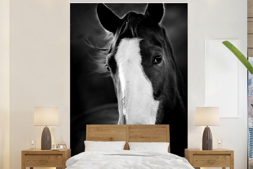 MuchoWow Fototapete für Wohnzimmer oder Schlafzimmer Wandtapete Vinyl Motivtapete Pferd - Kopf - Licht - 180x280 cm - Wallpaper