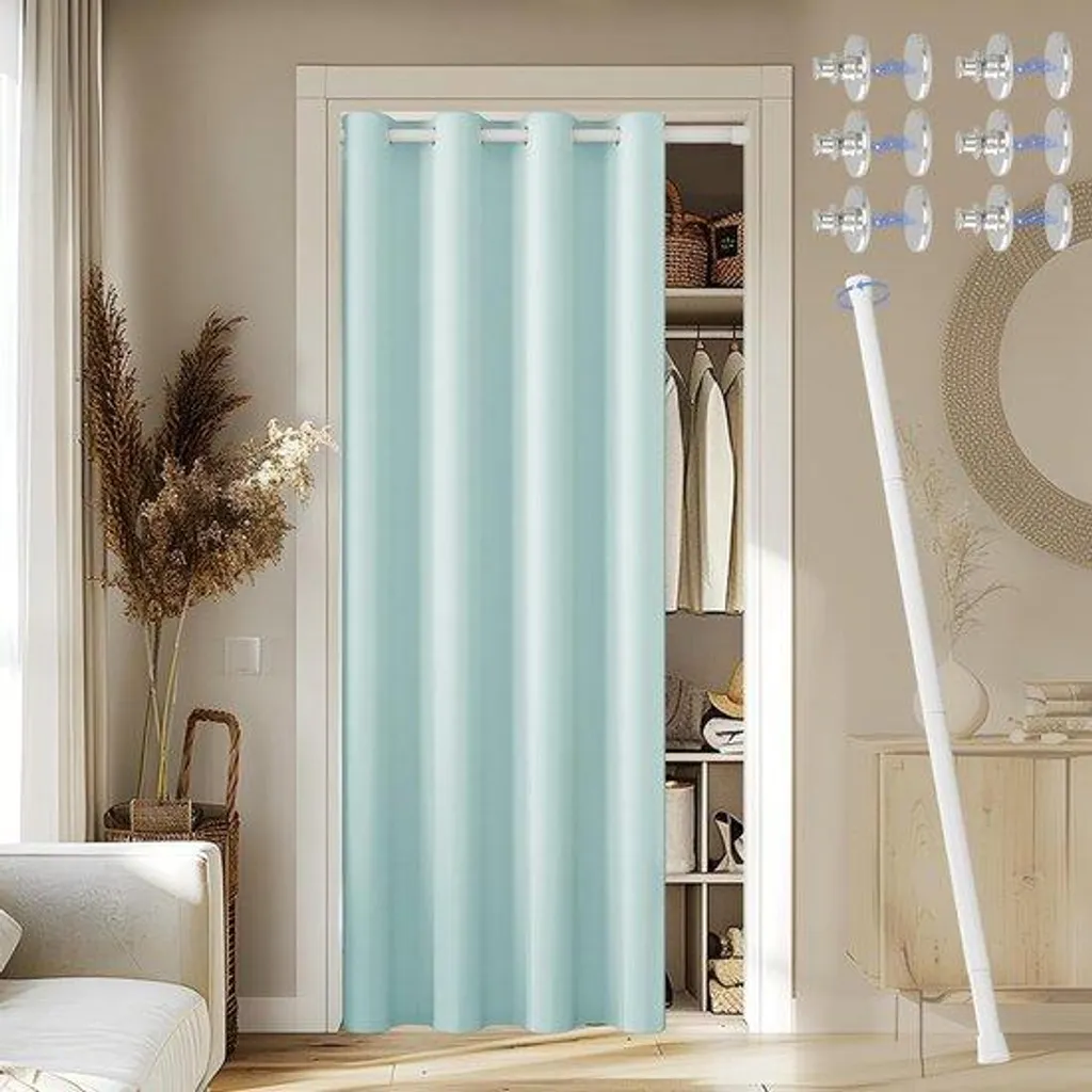 Rideau de porte sans perçage bleu ciel 70-125 cm textile une pièce