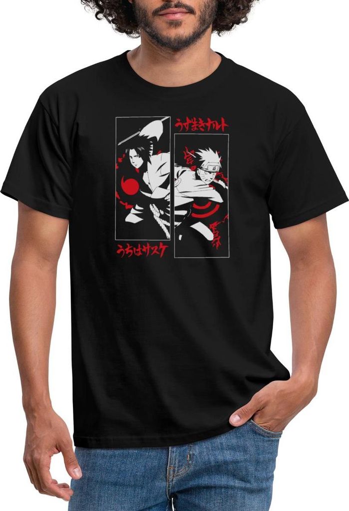 Spreadshirt Naruto Shippuden Cooles Design Mit Sasuke & Naruto Männer T-Shirt, S, Schwarz