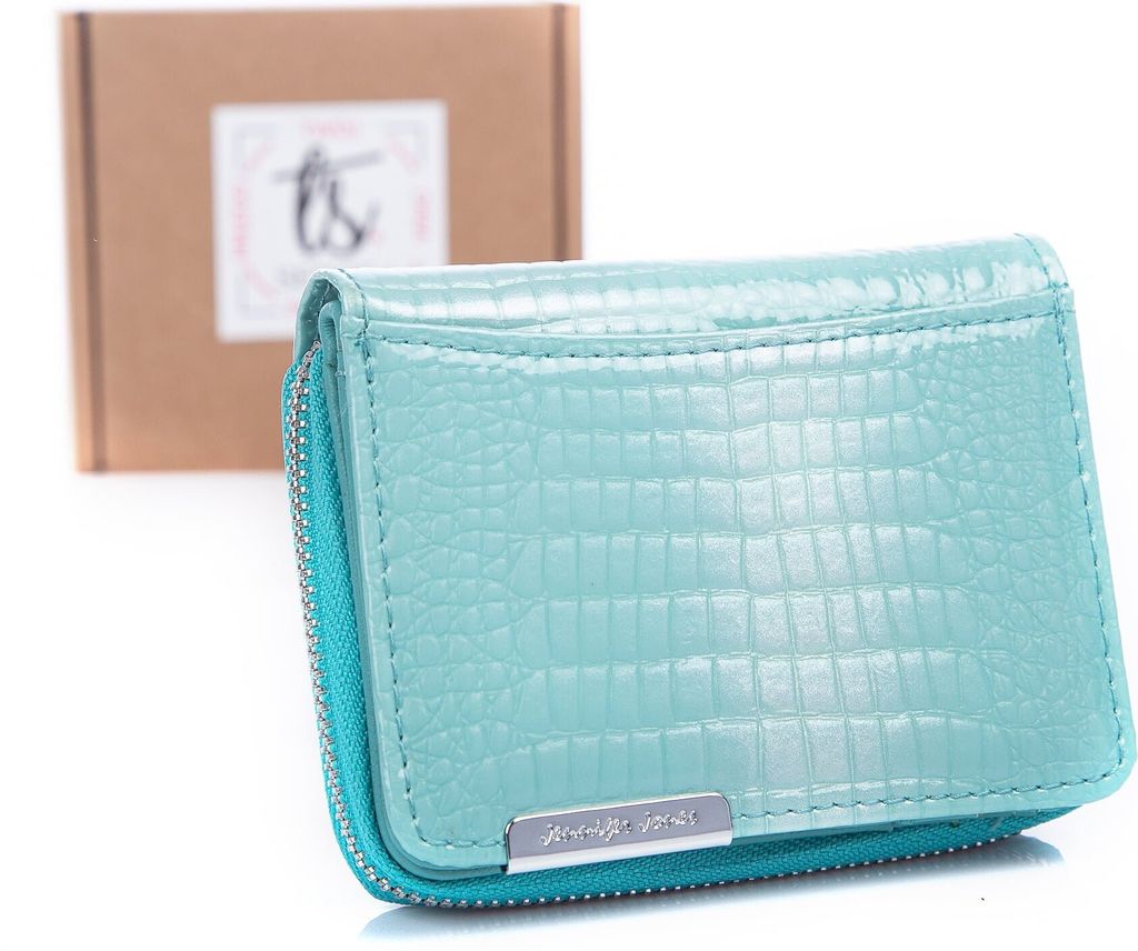 Jennifer Jones kleine Damen Geldbörse Portemonnaie Portmonee Geldbeutel Echtleder Lackiertes mit Reißverschluss türkis