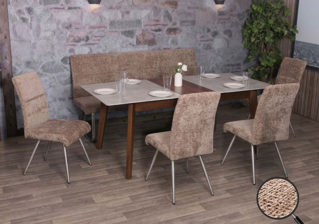 Esszimmer-Set MCW-G55, 4er-Set Stuhl + Sitzbank 180cm, Edelstahl gebürstet Stoff/Textil Chenille braun