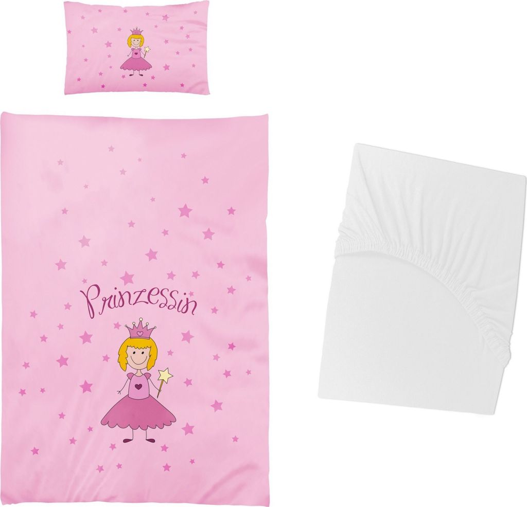 3 tlg Baby Bettwäsche Set - Prinzessin - Renforcé - 40x60 100x135 cm + 1 Spannbettlaken weiß 60x120 - 70x140 cm