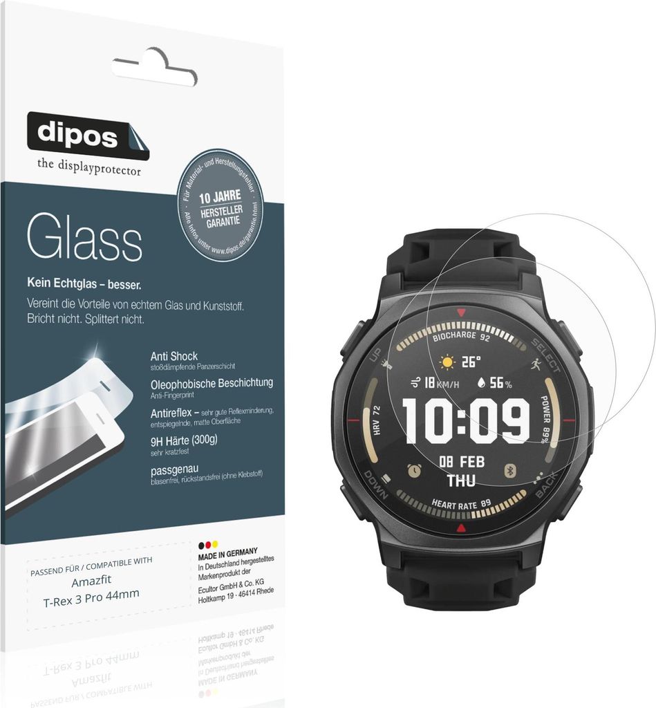2x Schutzfolie für Amazfit T-Rex 3 Pro 44mm matt - Anti-Shock 9H Folie dipos Glass Kunststoffglas