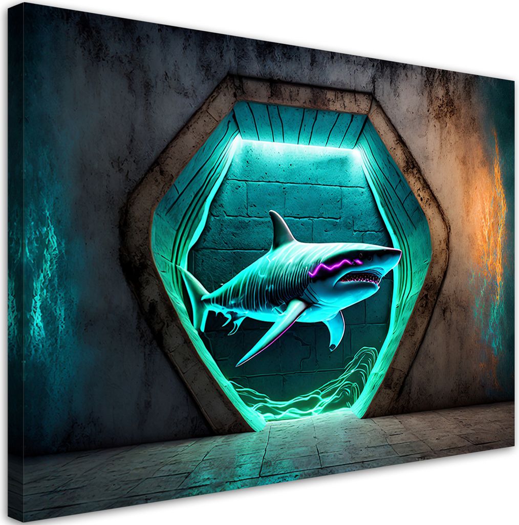 Leinwandbild Tiere Neon Hai 120x80 Feeby Blau bild für die wand bereit zum aufhängen