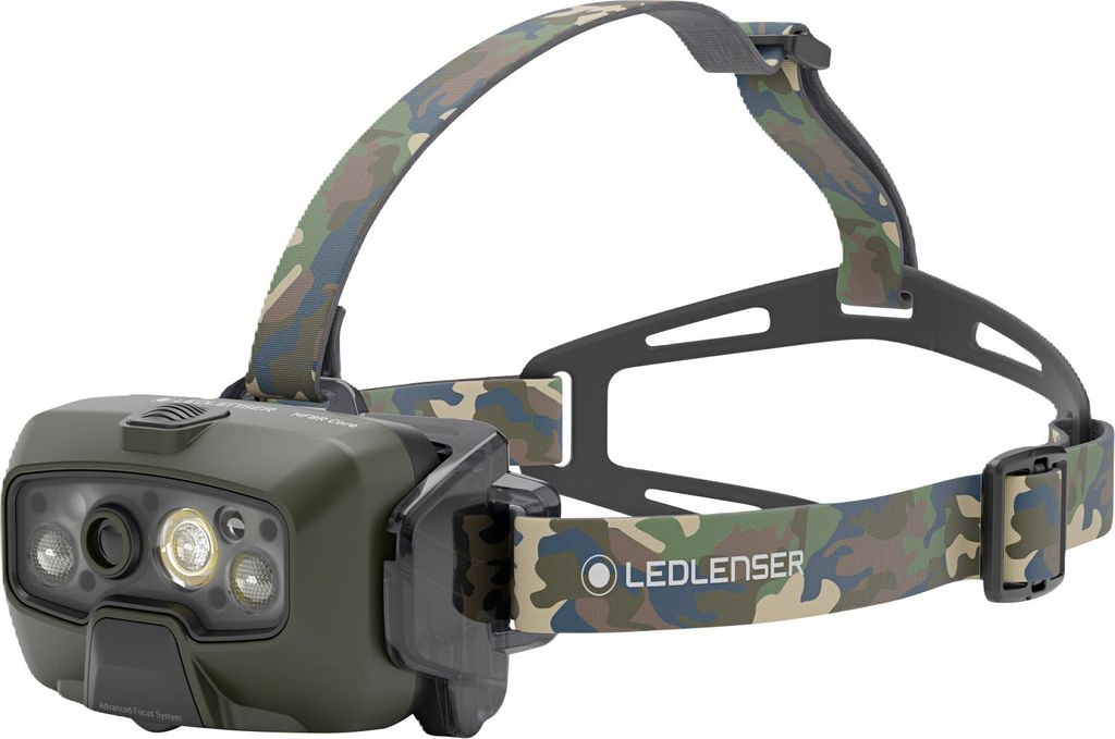 A product image of a camouflage-patterned headlamp.