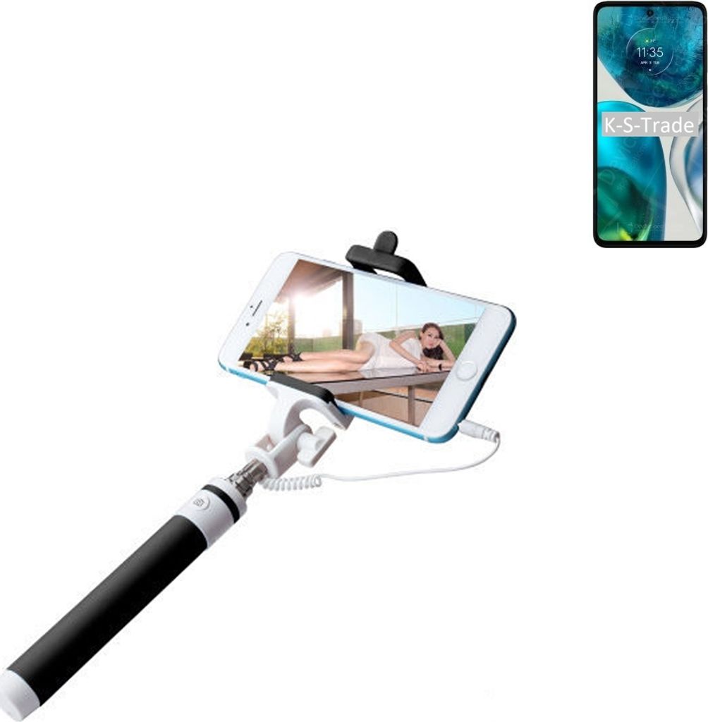 K-S-Trade Selfie Stick kompatibel mit Motorola Moto G52 Selfiestick kabelgebunden Monopod mit Kabel Stab Stange Selfportrait Handheldstick schwarz 1x