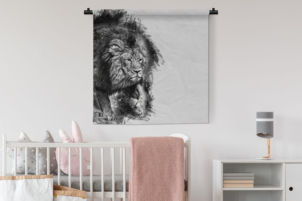 MuchoWow Wandteppich Wandbehang Löwe - Schwarz - Weiß 90x90 cm Tapisserie Dekoration Wandtuch - Wandaufhänger
