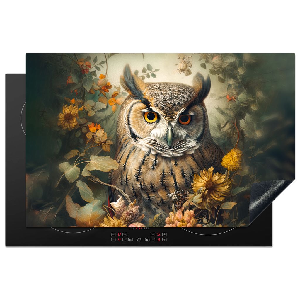 KitchenYeah Herdabdeckplatte Eule - Vögel - Blumen - Natur , 81x52cm, Küche Deko, Glaskeramikkochfeld Herdabdeckung, Abdeckplatte fùr Kochfeld