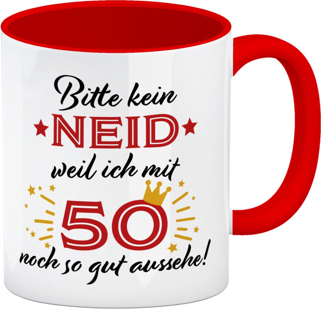 50. Geburtstag Kaffeebecher Rot mit lustigem Spruch: Neid