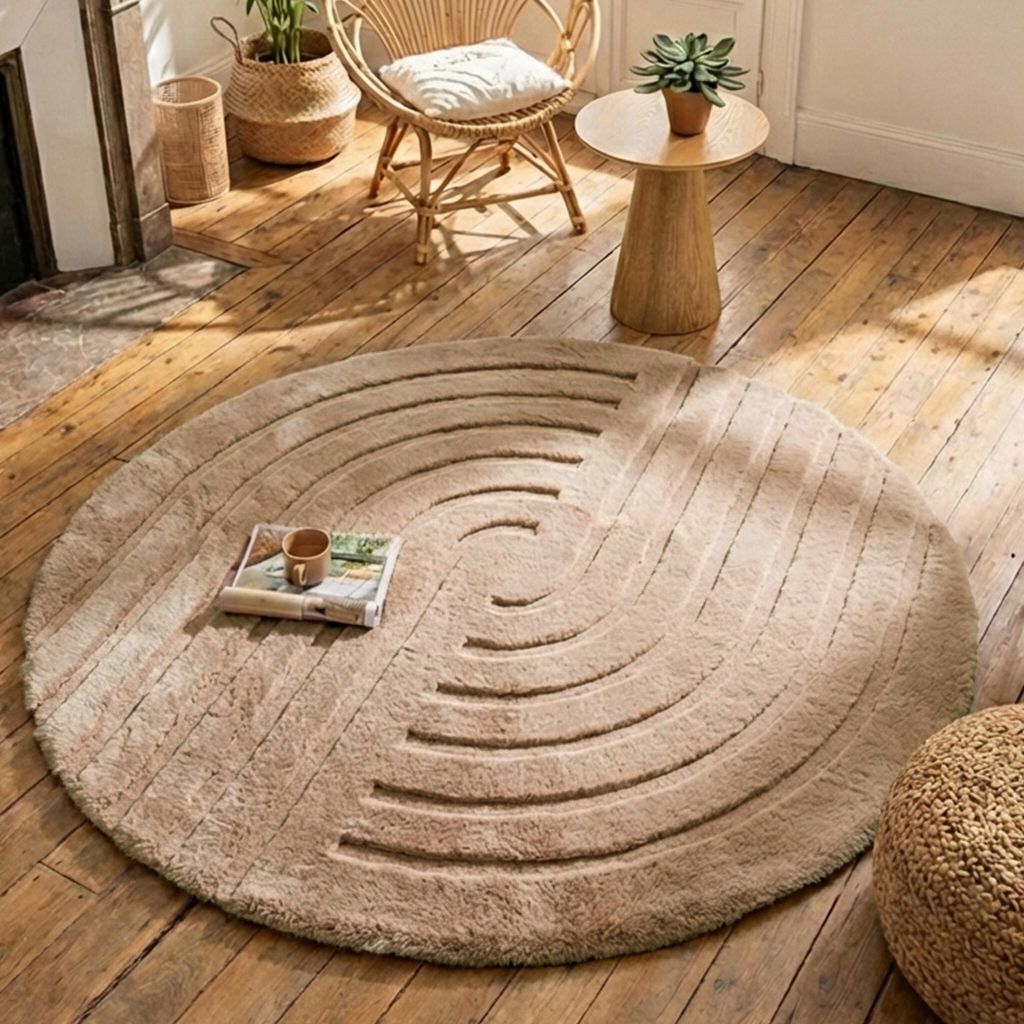 Volero - Hochflor Teppich Rund - Carvy Curves Taupe - Ø 160 cm - Wohnzimmer, Esszimmer, Kinderzimmer, Schlafzimmer, Babyzimmer - Boho, Klassik, In...