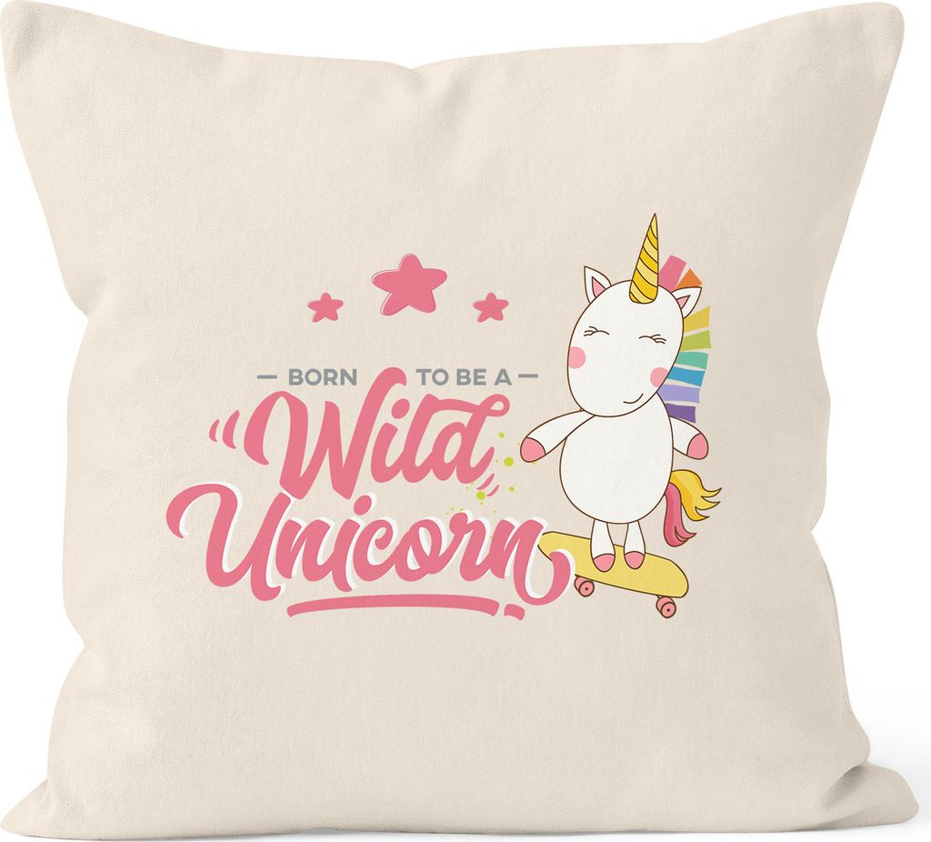 Einhorn Kissenbezug Born to be a wild unicorn Kissen-Hülle Deko-Kissen 40x40 Baumwolle MoonWorks natur 40cm x 40cm