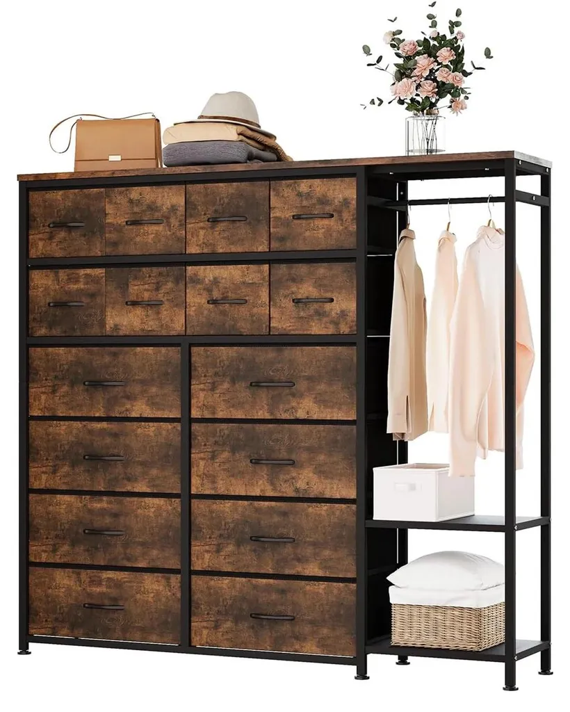 Commode 16 tiroirs avec penderie et structure métal marron robuste