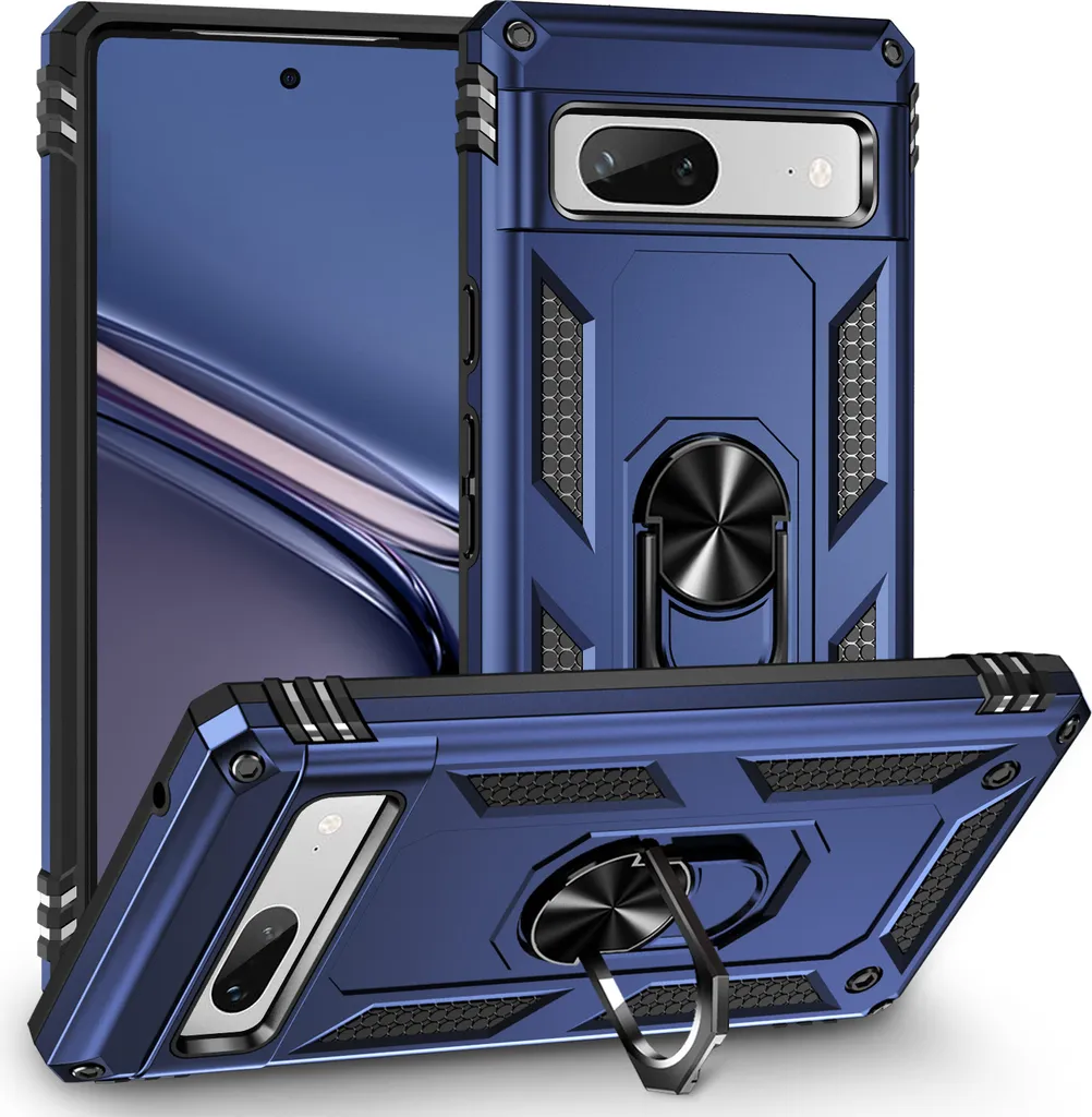 Custodia per Google Pixel 7A a doppio strato robusta, protezione militare con supporto ad anello e supporto blu