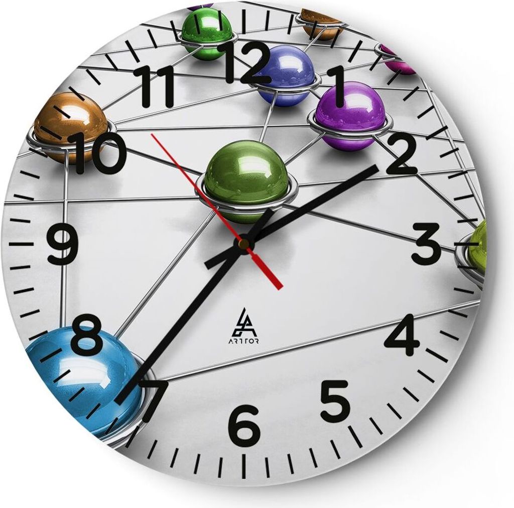 Wanduhr - Rund - Glasuhr - Abstraktion Bälle Komposition Chrom - 30x30cm - Schleichendes Uhrwerk - Lautlos - zum Aufhängen bereit - Dekoration Mo...