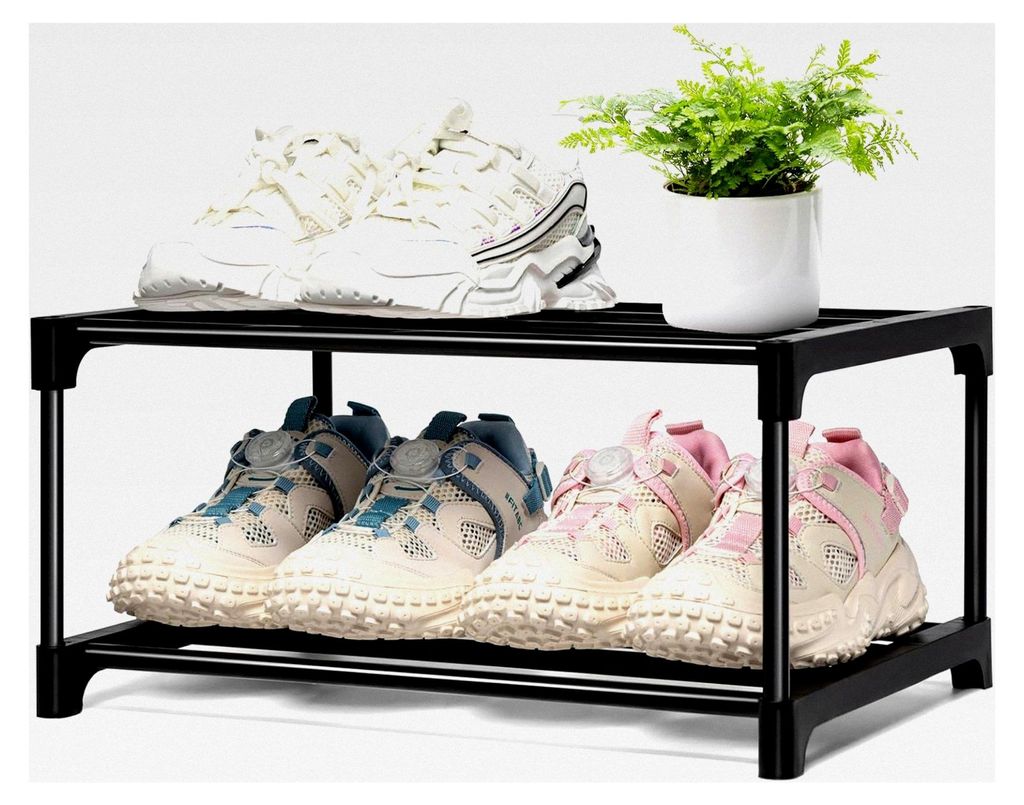 Schuhregal mit 2 Ebenen, platzsparendes Metallregal in Schwarz, stapelbar, für 4 Paar Schuhe, geeignet für Flur, Wohnzimmer und Schlafzimmer