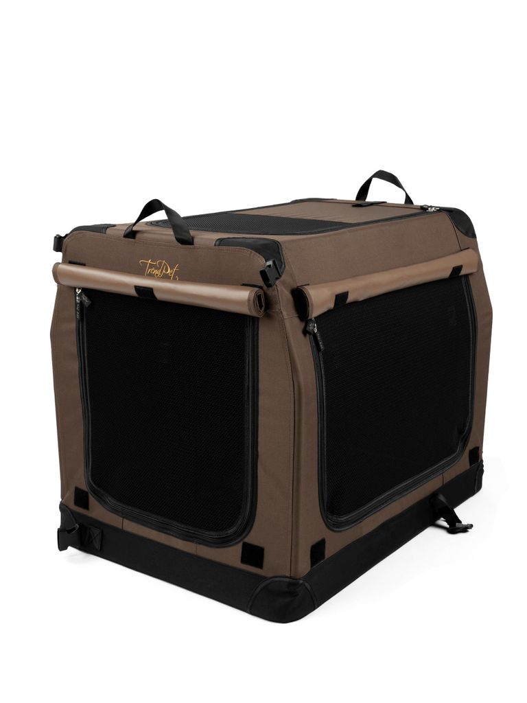 A brown and black fabric dog crate is shown against a white background.