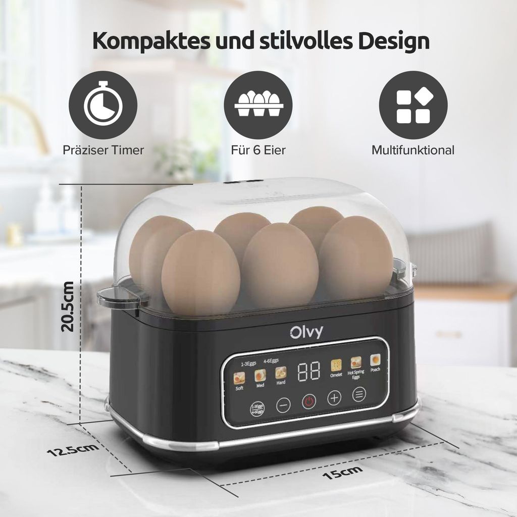 Olvy Eierkocher für 1-6 Eier mit Omelett- & Pochierfunktion – LCD-Timer, Abschaltautomatik, BPA-frei, leicht zu reinigen, elektrisch & kompakt