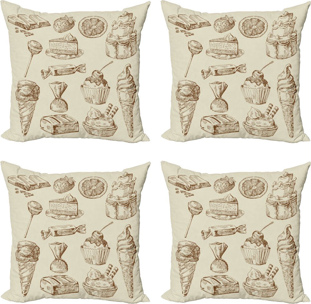 ABAKUHAUS Plätzchen Kissenbezug Set (4 Stück), Stück Kuchen Cremige Doodle, Moderner Doppelseitiger Digitaldruck, 50 cm x 50 cm, Eischale und Umber