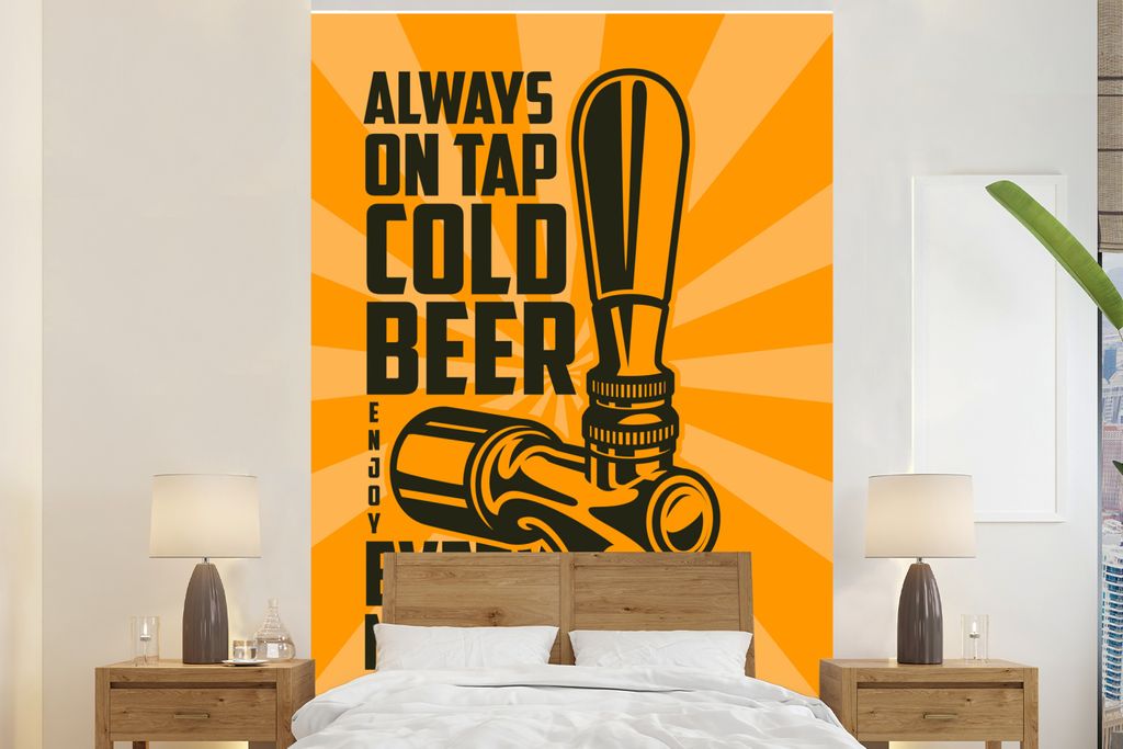 MuchoWow Fototapete für Wohnzimmer oder Schlafzimmer Wandtapete Vinyl Motivtapete Vintage - Zitate - 'Immer ein kaltes Bier vom Fass, genieße j...