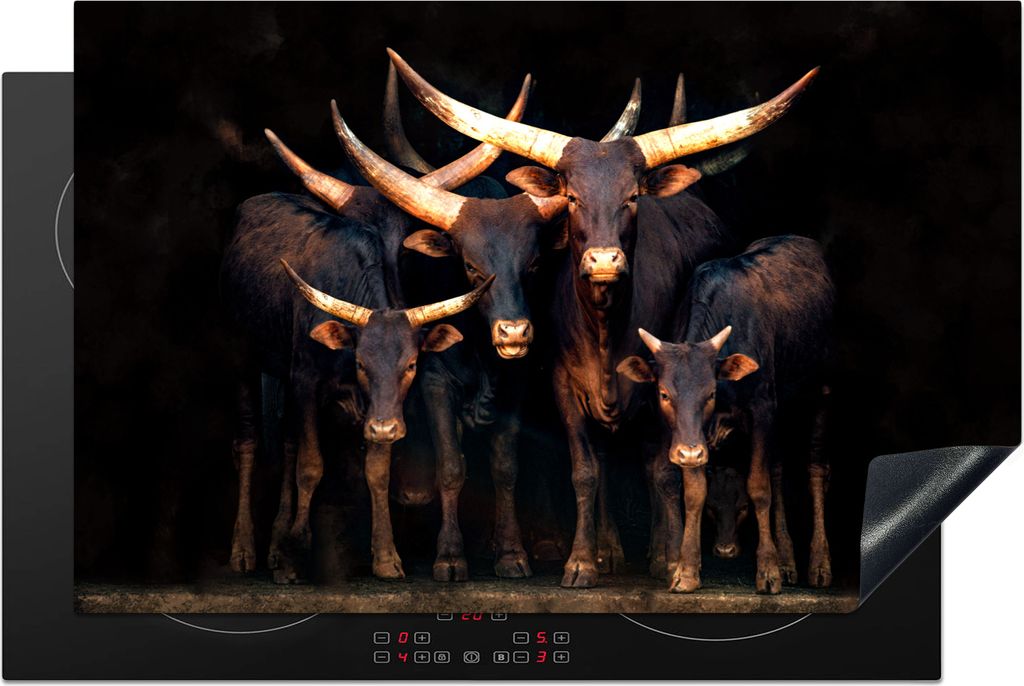 KitchenYeah Herdabdeckplatte Kuh - Watussie - Stier - Schwarz , 80x52cm, Küche Deko, Glaskeramikfeld Herdabdeckung, Abdeckplatte fùr Kochfeld