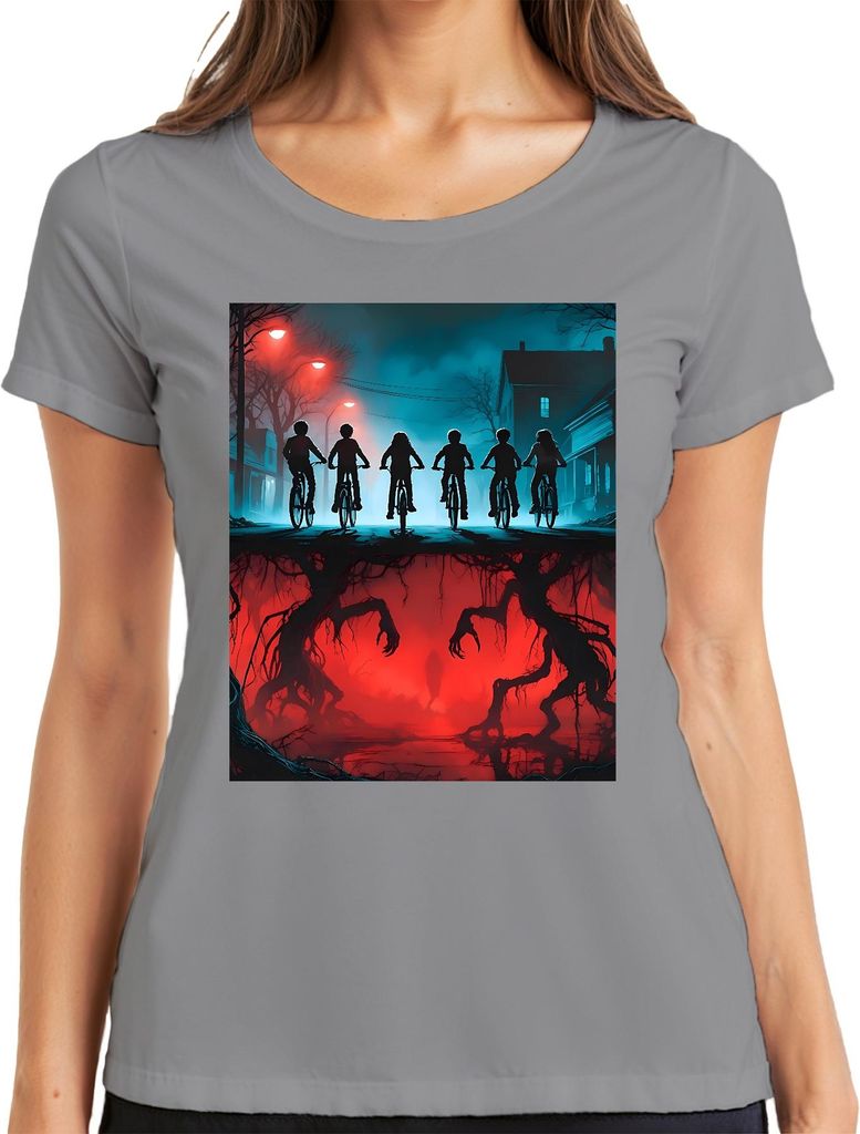 Upside Down Kinder Fahrräder Horror 80er Retro Mystery Hawkins Damen T-Shirt, Grau, XXL