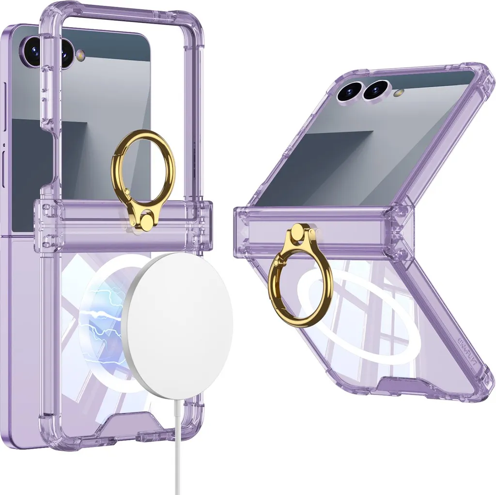 Custodia trasparente antiurto per Samsung Galaxy Z Flip 7 con protezione della cerniera, protezione dello schermo, anello e compatibilità MagSafe Viola