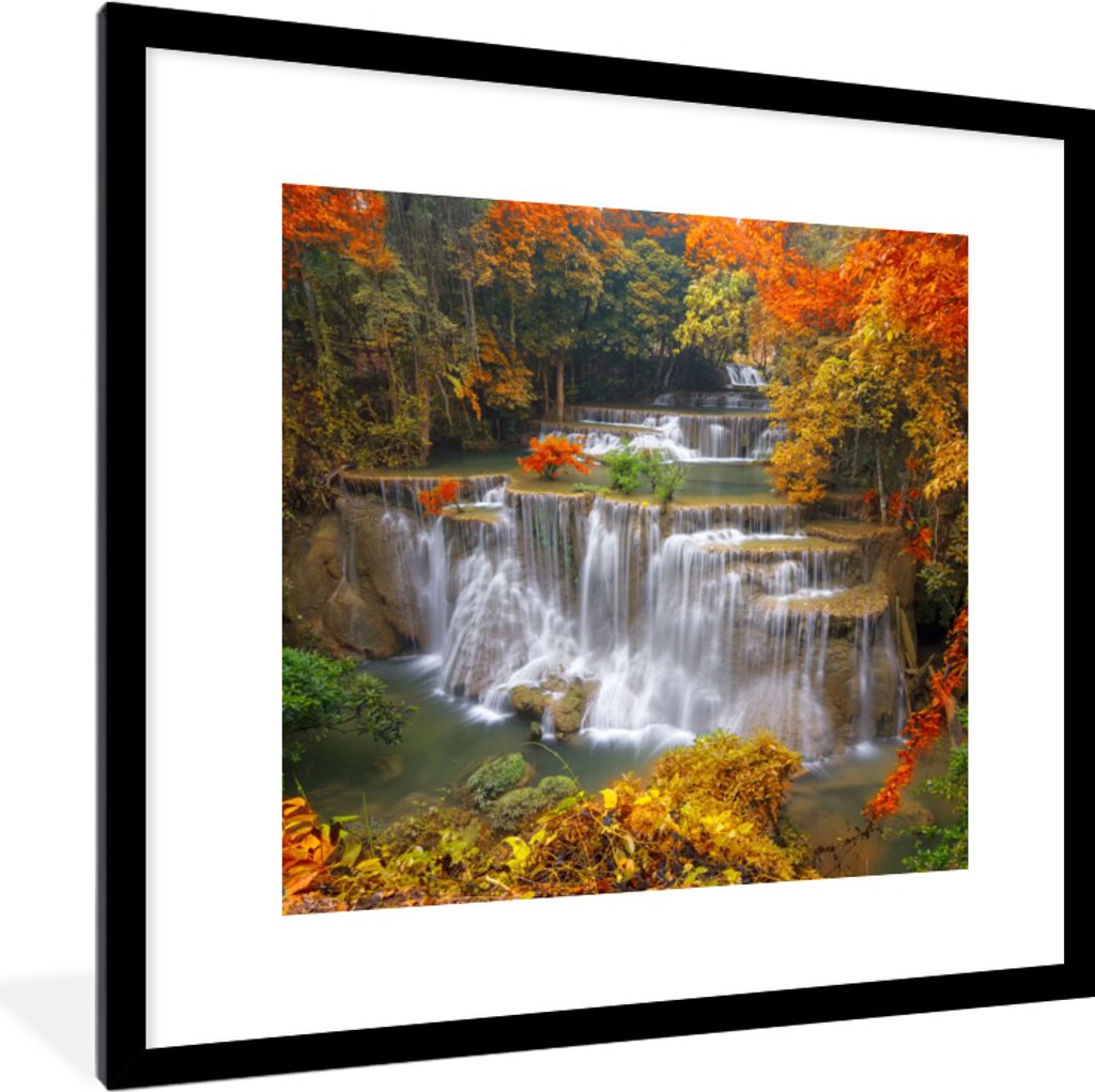 MuchoWow Gerahmtes Poster Bäume - Wasserfall - Herbst 40x40 cm - Poster mit Schwarzem Bilderrahmen Wandposter Rahmen Foto Bilder - Poster - Plak...