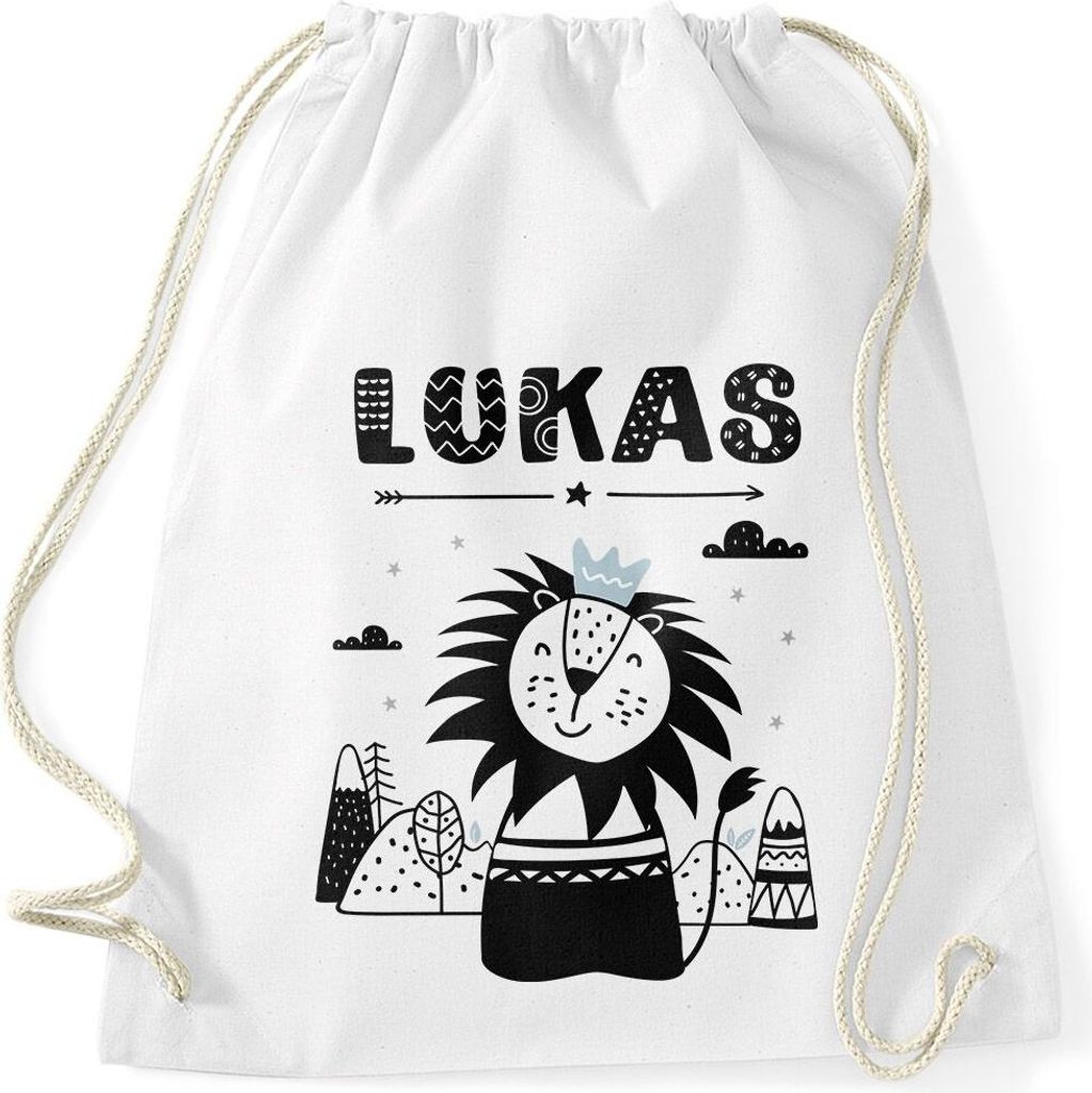 Kinder Turnbeutel personalisiert mit Name Löwe Tier-Motiv Namensaufdruck SpecialMe Jungen weiß unisize