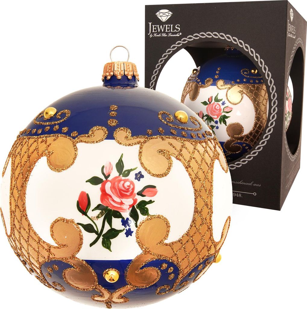 Krebs Glas Lauscha Weihnachtsbaumkugel mit Rosendesign - Blau - im Barock-Stil - aus Glas - ca. 10cm