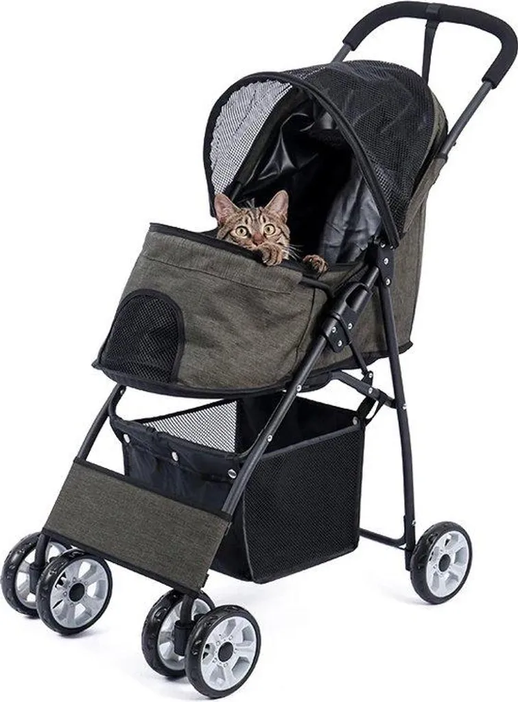 Poussette chien pliable 4 roues pour transport sécurisé 12kg avec panier