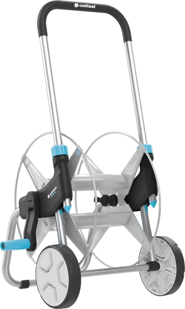 A hose reel cart on a white background.