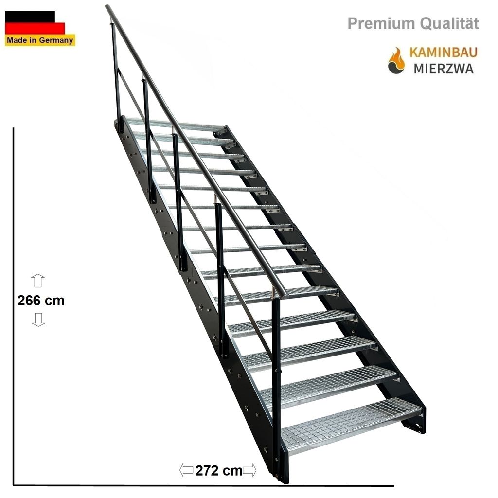 Stahl Wangentreppe Gitterroststufen 14 Stufen Geländer Links - Verzinkt & Anthrazit pulverlackierten Seiten - (B x H x T) 80 x 266 x 272 cm