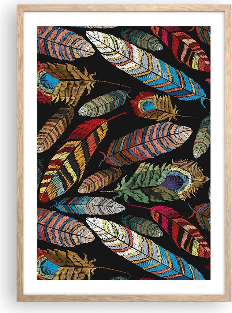 Gerahmtes Poster - Rahmen in heller Eiche - Federn Bunt Stickerei - 50x70 cm - Wand Bild - Wanddeko - Wandbilder - Kunstposter - Wandposter - Bilde...