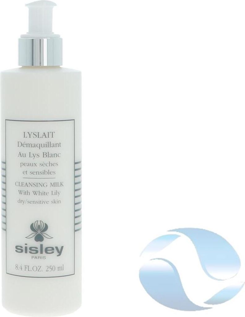 A white bottle of Sisley LYSLAIT cleansing milk with a silver pump dispenser is shown against a white background. The label on the bottle has text and a floral logo. A light blue abstract graphic is in the bottom right corner.