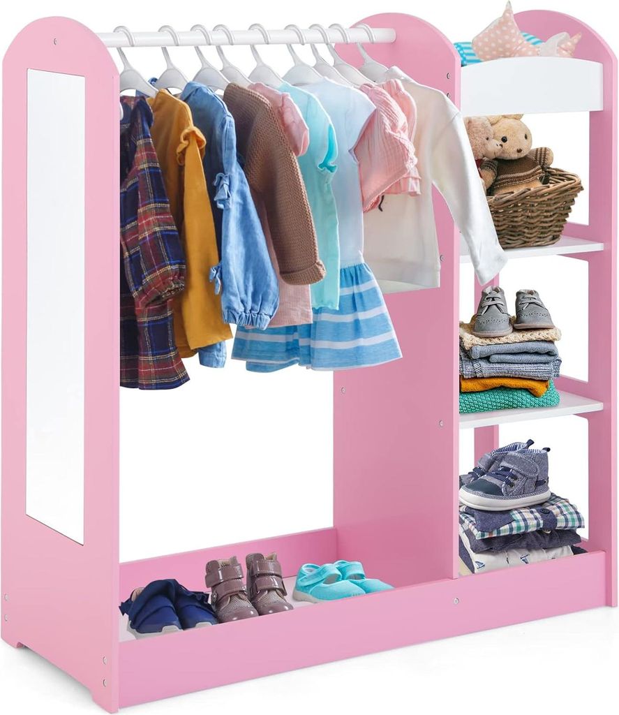 Kinder Garderobe mit Spiegel Rosa – GINGER HOME Kleiderständer mit Regalen