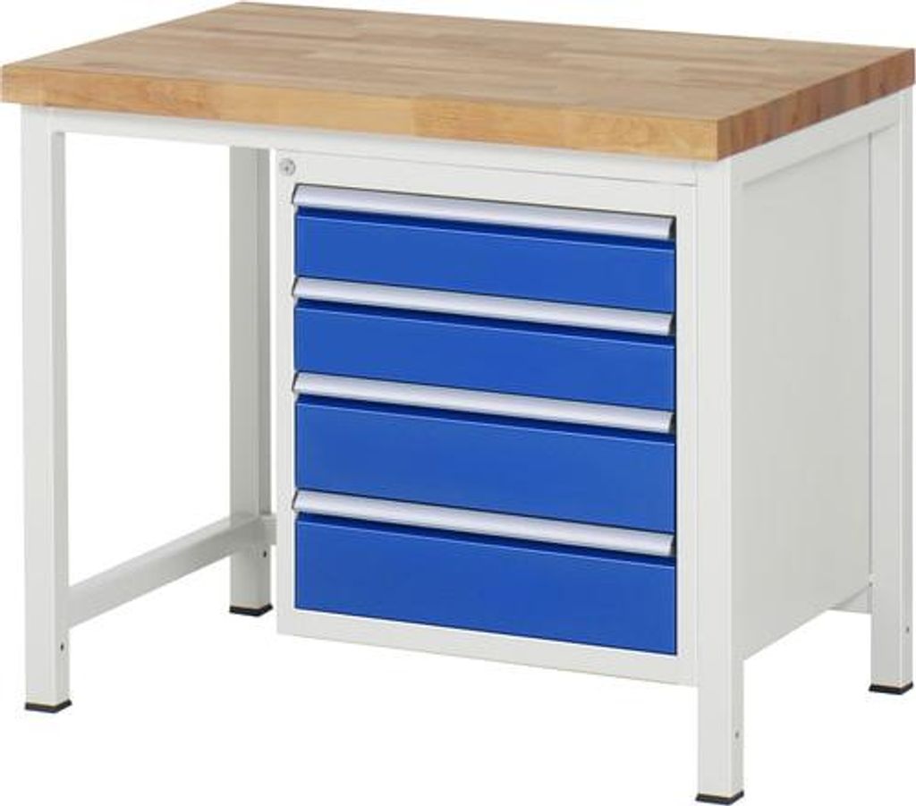 Werkbank mit 4 Schubladen - Vollauszug - 120:2 / 150:2 - höhenverstellbar 840-1.040 mm - 1.000 x 700 mm (BxT) - Traglast 1.250 kg - Buche