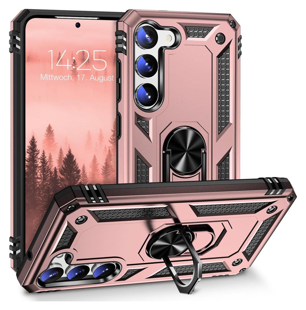 A rose gold phone case with a ring holder is shown from multiple angles against a white background.